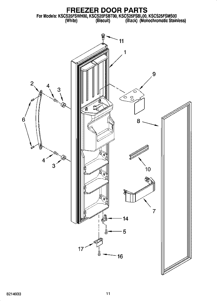 FREEZER DOOR PARTS Diagram and Parts List for KSCS25FSBL00  KitchenAid Refrigerator