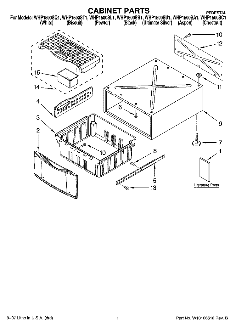 CABINET PARTS Diagram and Parts List for WHP1500ST1  Whirlpool Laundry Accessories