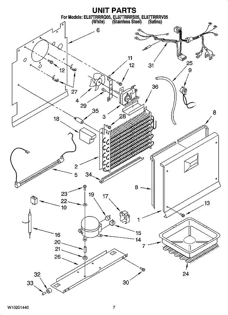 UNIT PARTS, OPTIONAL PARTS (NOT INCLUDED) Diagram and Parts List for EL87TRRRV05  Whirlpool Refrigerator