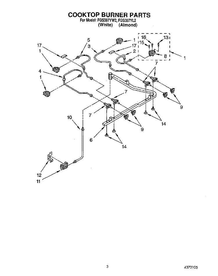 COOKTOP BURNER Diagram and Parts List for FGS387YW2  Roper Range