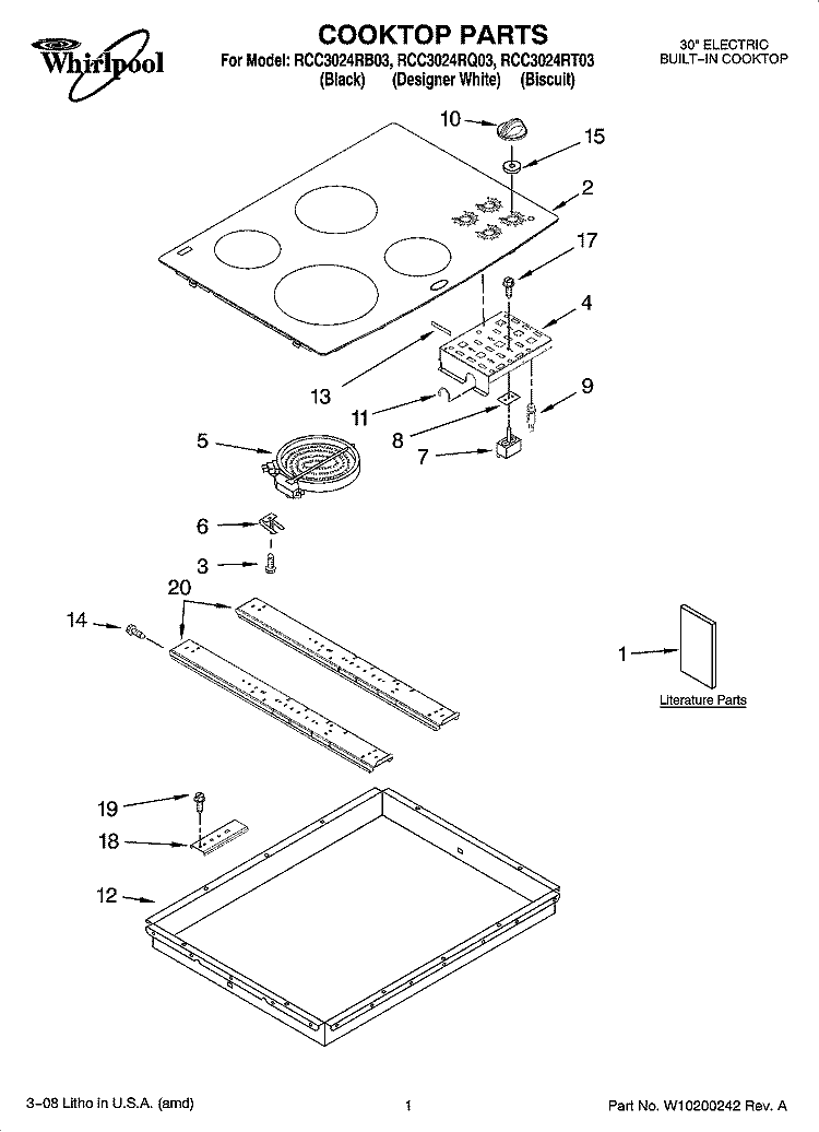 COOKTOP PARTS, OPTIONAL PARTS Diagram and Parts List for RCC3024RQ03  Whirlpool Cooktop