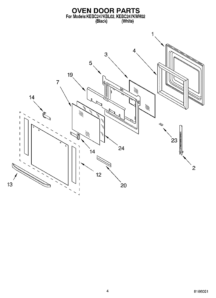 OVEN DOOR PARTS Diagram and Parts List for KEBC247KWH02  KitchenAid Wall Oven