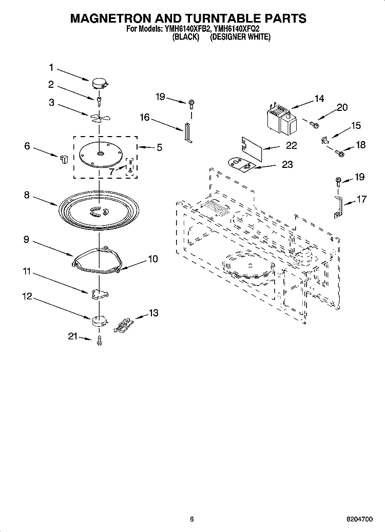 MAGNETRON AND TURNTABLE PARTS Diagram and Parts List for YMH6140XFQ2  Whirlpool Microwave