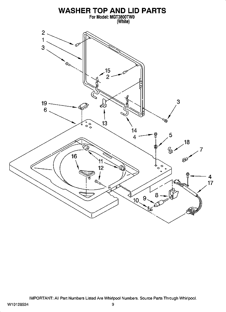 WASHER TOP AND LID PARTS Diagram and Parts List for MGT3800TW0  Maytag Washer Dryer Combo