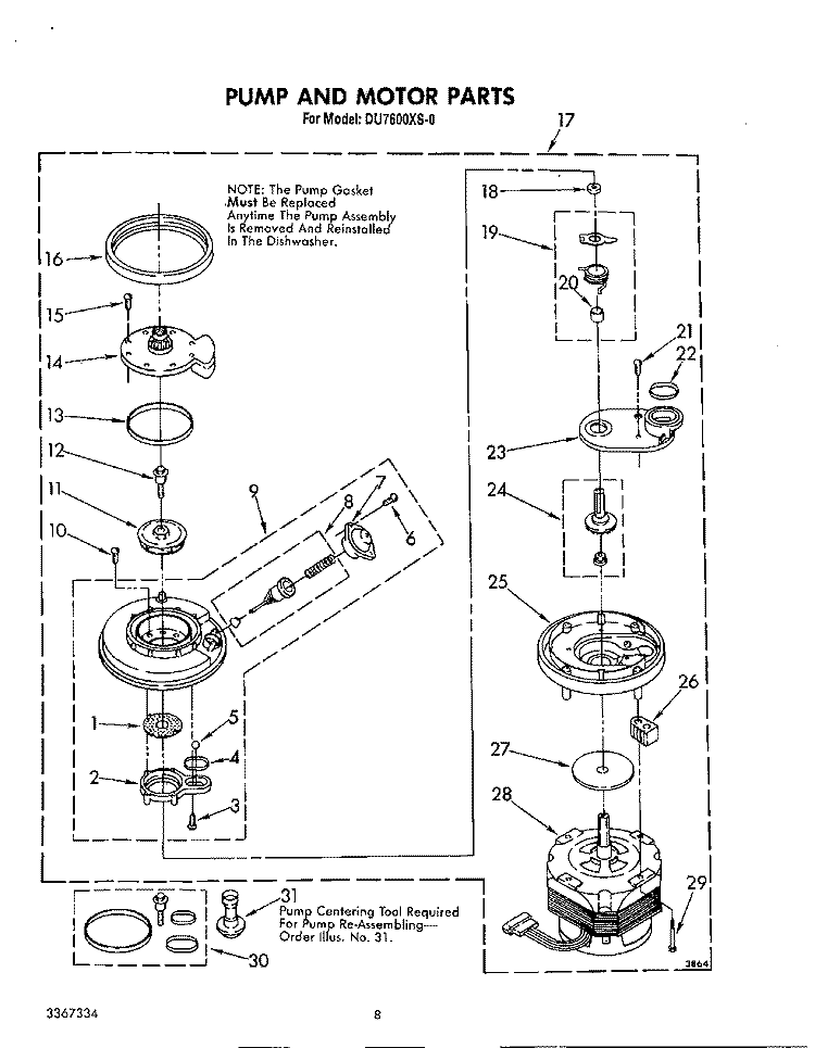 PUMP AND MOTOR Diagram and Parts List for DU7600XS0  Whirlpool Dishwasher