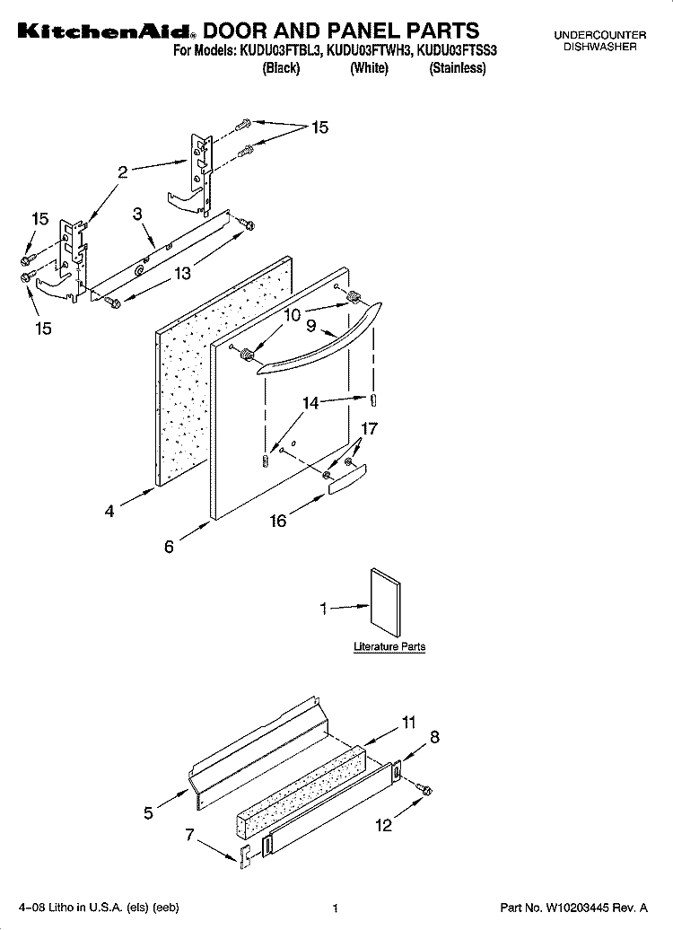 DOOR AND PANEL PARTS Diagram and Parts List for KUDU03FTBL3  KitchenAid Dishwasher