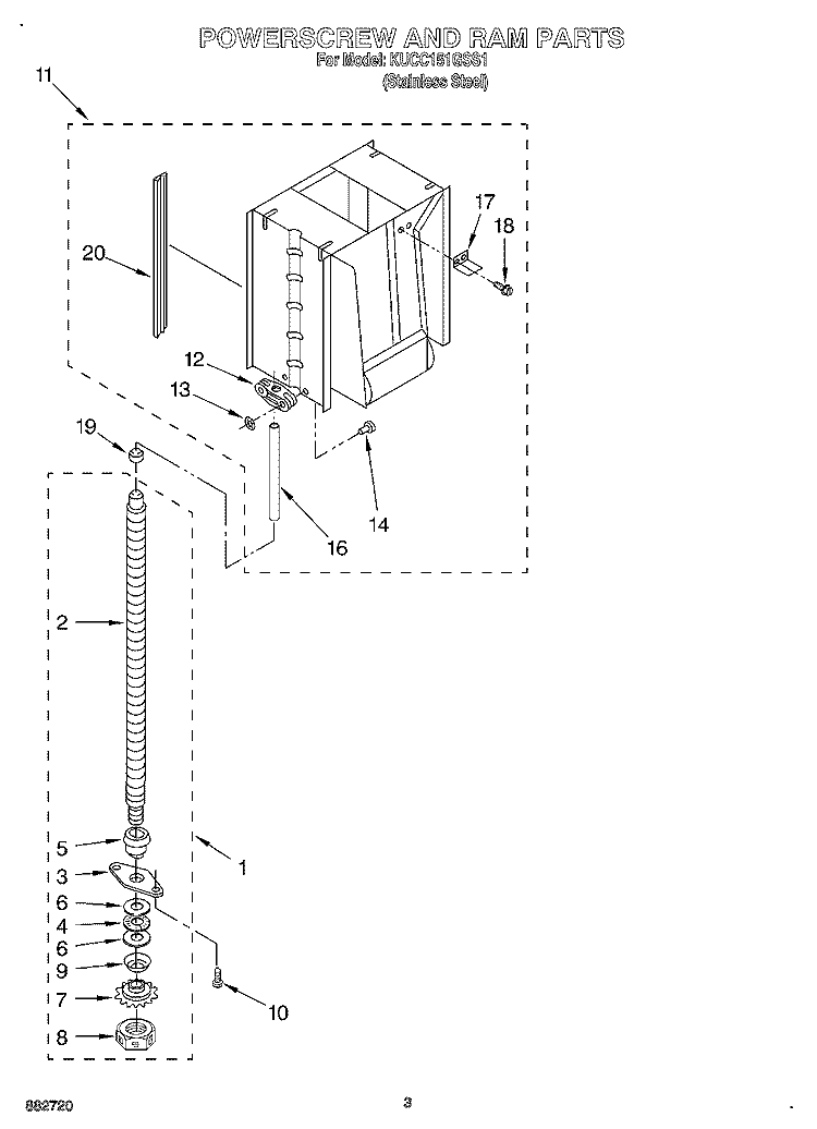 POWERSCREW AND RAM Diagram and Parts List for KUCC151GSS1  KitchenAid Trash Compactor