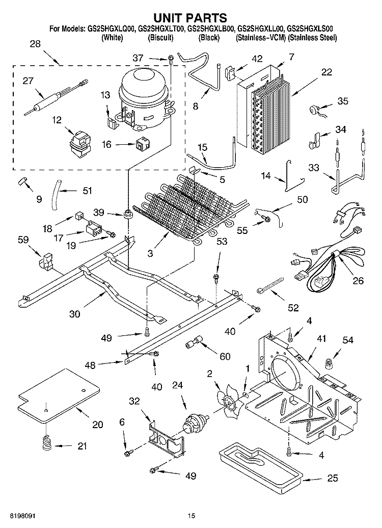 UNIT Diagram and Parts List for GS2SHGXLQ00  Whirlpool Refrigerator