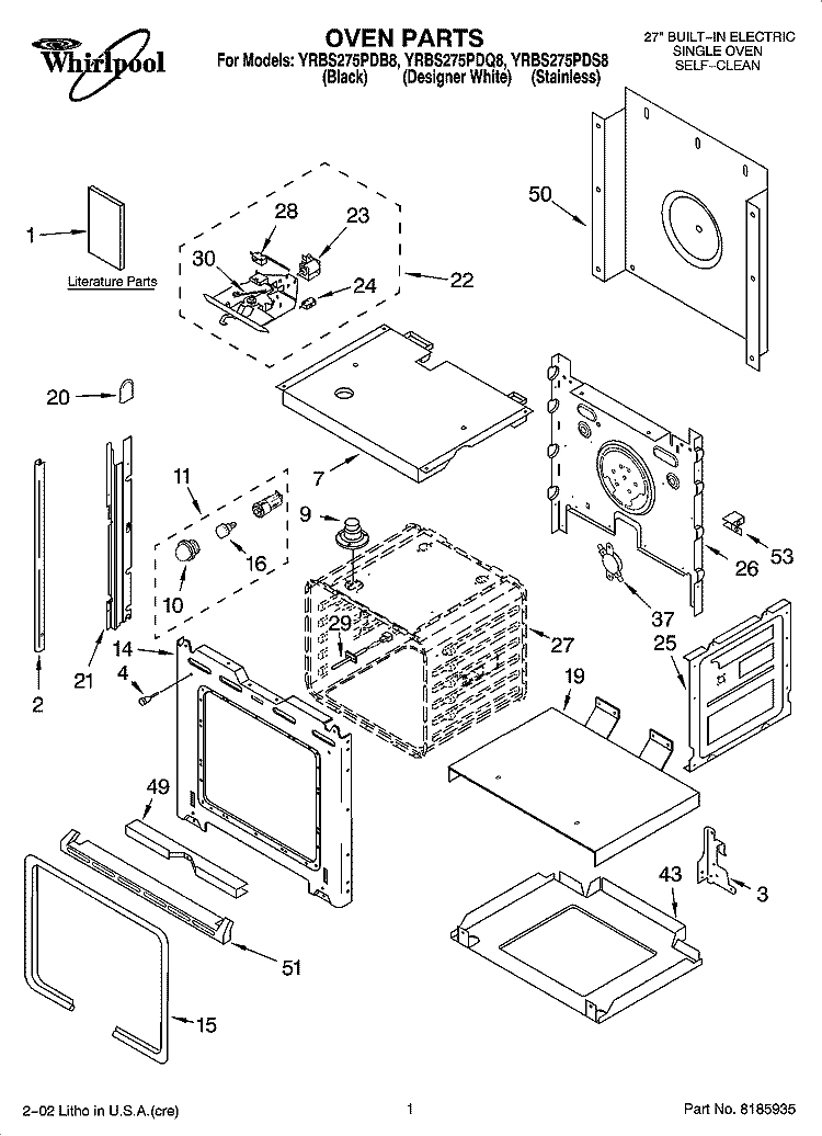 OVEN PARTS Diagram and Parts List for YRBS275PDQ8  Whirlpool Wall Oven