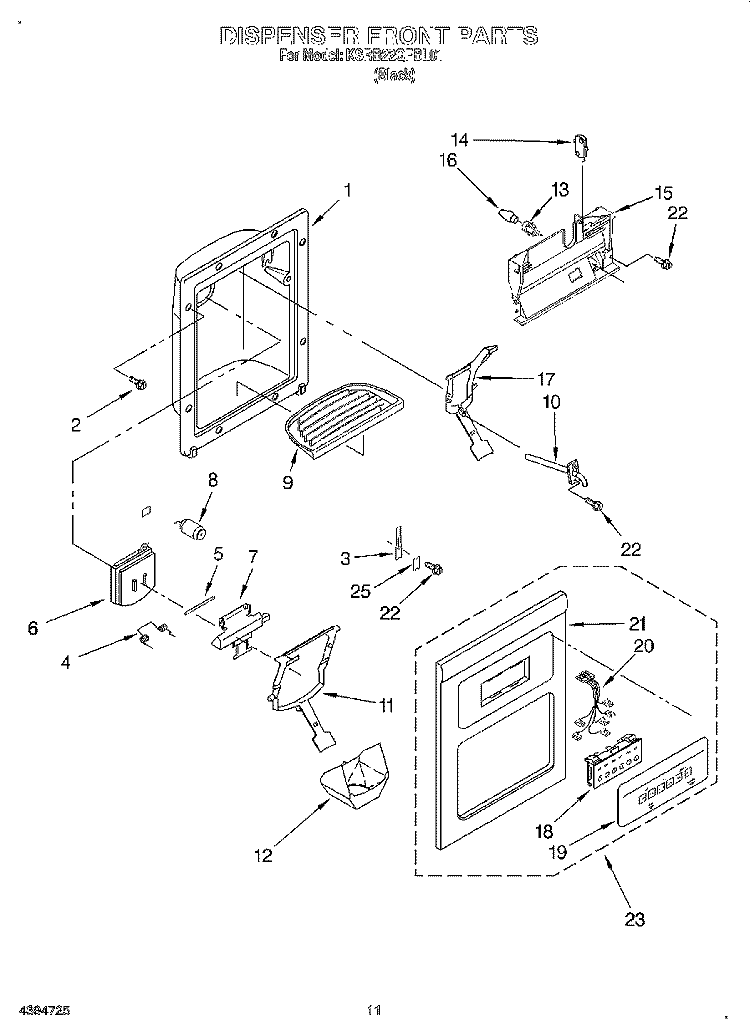 DISPENSER FRONT Diagram and Parts List for KSRB22QFBL01  KitchenAid Refrigerator