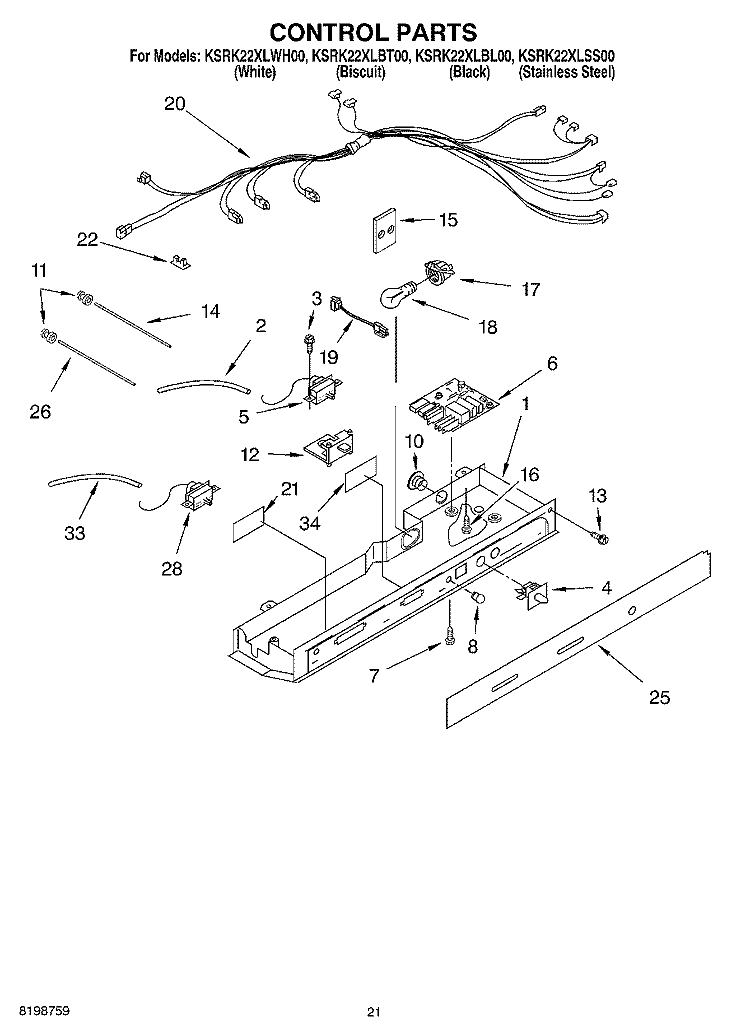 CONTROL PARTS, PARTS NOT ILLUSTRATED Diagram and Parts List for KSRK22XLBT00  KitchenAid Refrigerator