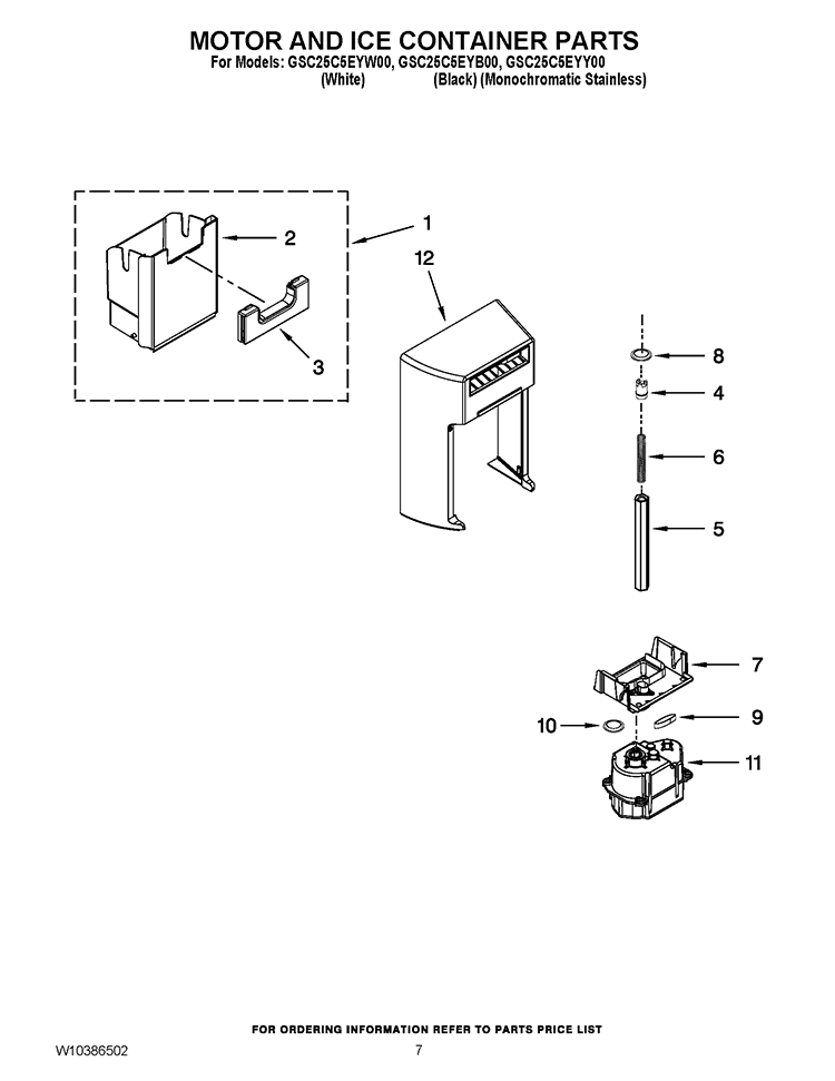MOTOR AND ICE CONTAINER PARTS Diagram and Parts List for GSC25C5EYB00  Whirlpool Refrigerator