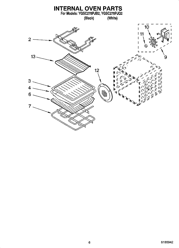 INTERNAL OVEN PARTS Diagram and Parts List for YGSC278PJQ2  Whirlpool Microwave Oven Combo