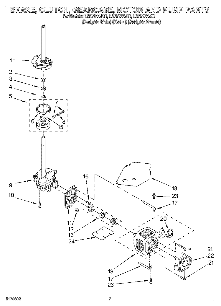 BRAKE, CLUTCH, GEARCASE, MOTOR AND PUMP Diagram and Parts List for LXR7244JQ1  Whirlpool Washer