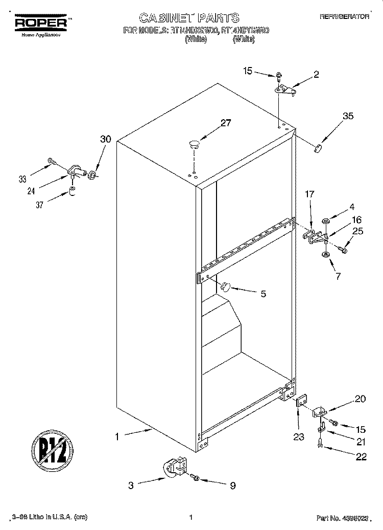 CABINET Diagram and Parts List for RT14HDYGW00  Roper Refrigerator