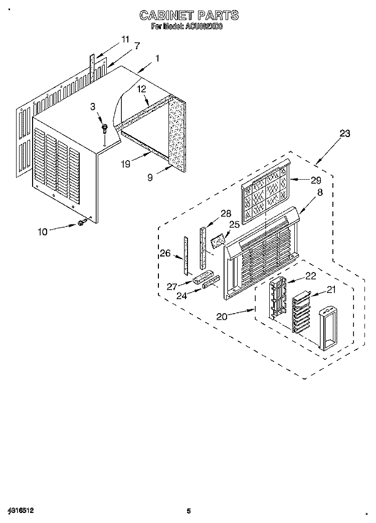 CABINET Diagram and Parts List for ACU082XD0  Whirlpool Air Conditioner