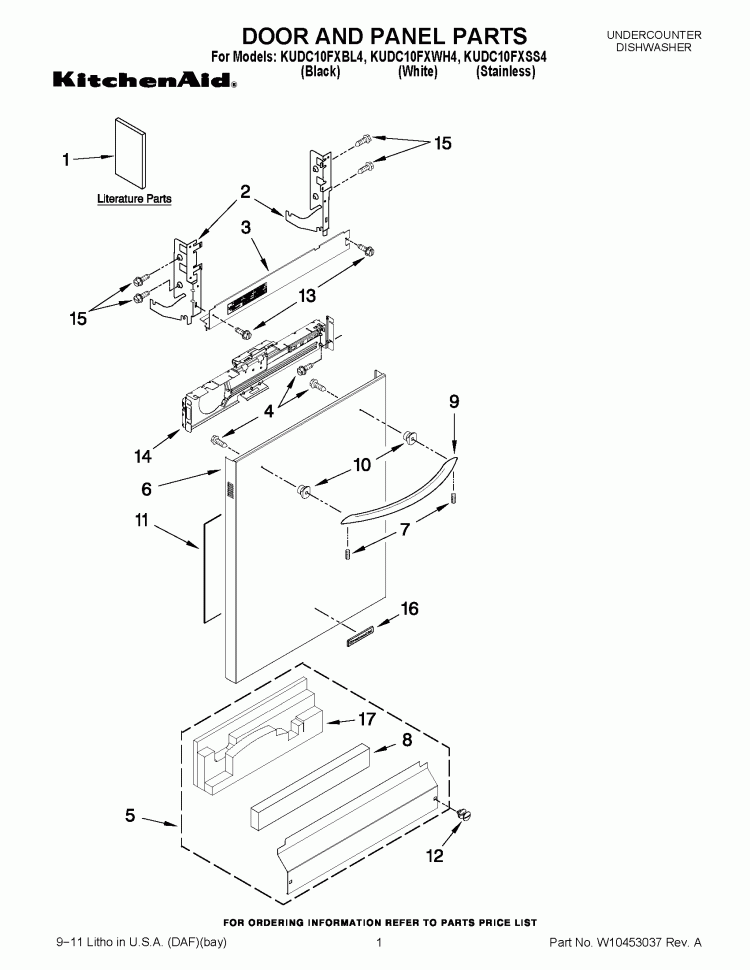 DOOR AND PANEL PARTS Diagram and Parts List for KUDC10FXSS4  KitchenAid Dishwasher