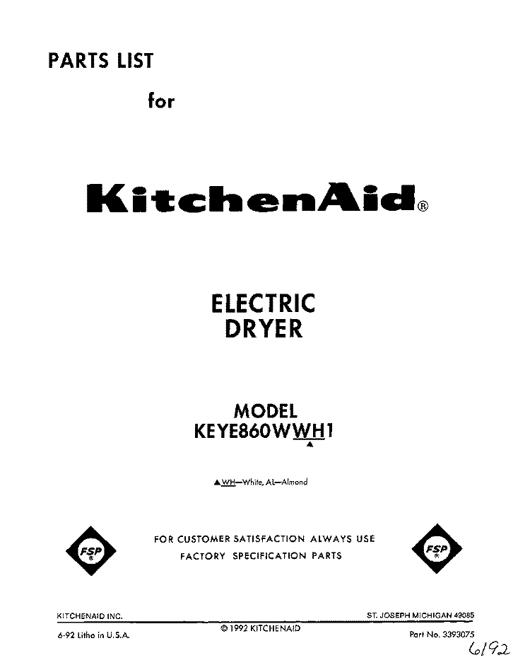 SECTION Diagram and Parts List for KEYE860WWH1  KitchenAid Dryer