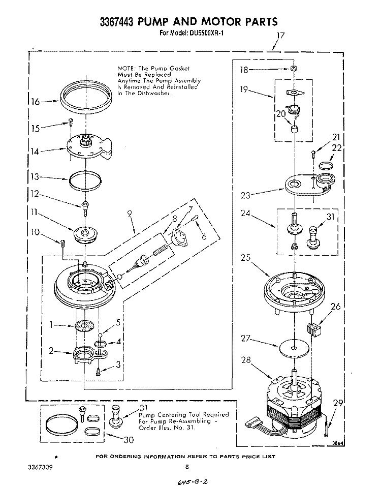 3367443 PUMP AND MOTOR Diagram and Parts List for DU5500XR1  Whirlpool Dishwasher