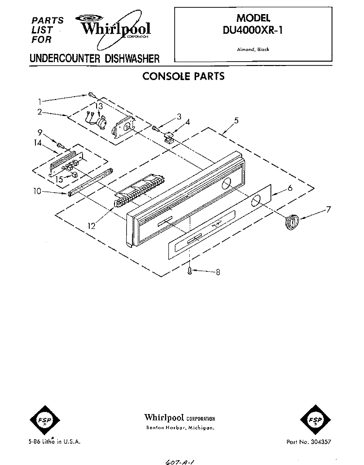 CONSOLE Diagram and Parts List for DU4000XR1  Whirlpool Dishwasher
