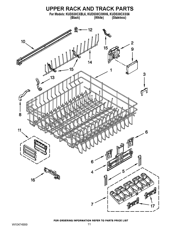 UPPER RACK AND TRACK PARTS Diagram and Parts List for KUDS30CXBL6  KitchenAid Dishwasher