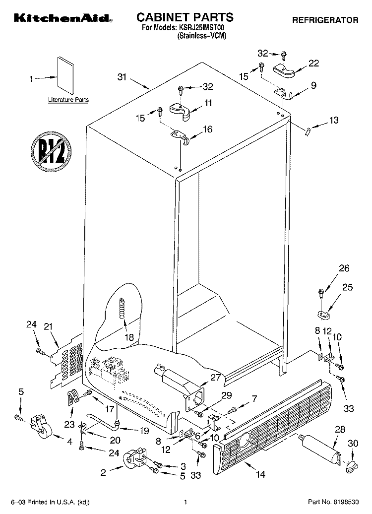 CABINET PARTS Diagram and Parts List for KSRJ25IMST00  KitchenAid Refrigerator