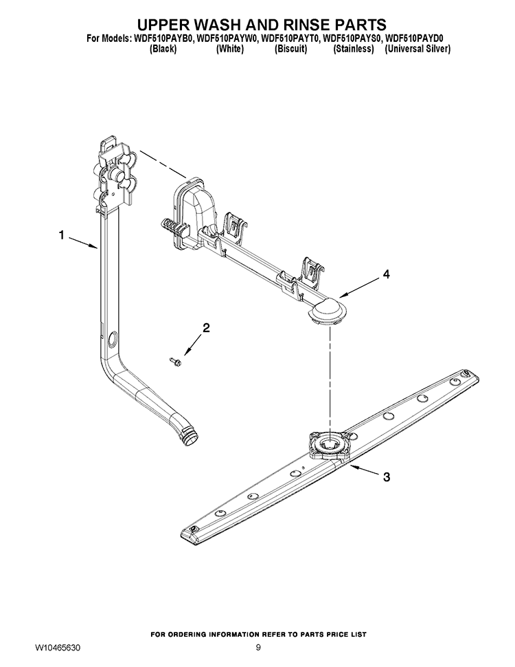UPPER WASH AND RINSE PARTS Diagram and Parts List for WDF510PAYS0  Whirlpool Dishwasher