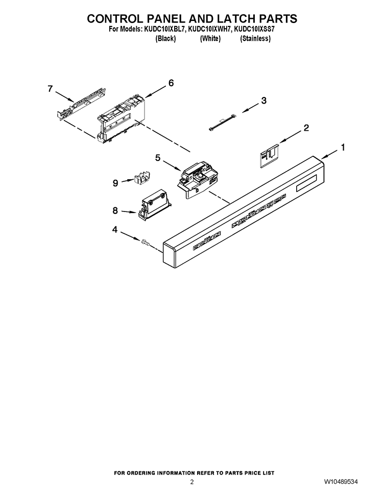 CONTROL PANEL AND LATCH PARTS Diagram and Parts List for KUDC10IXBL7  KitchenAid Dishwasher