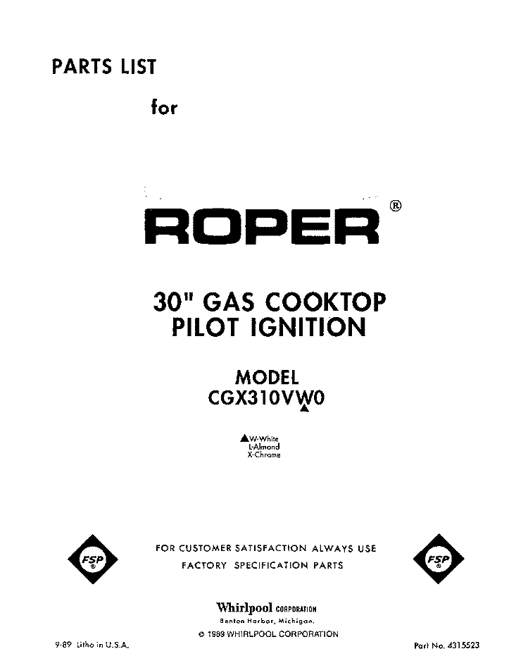 SECTION Diagram and Parts List for CGX310VX0  Whirlpool Cooktop