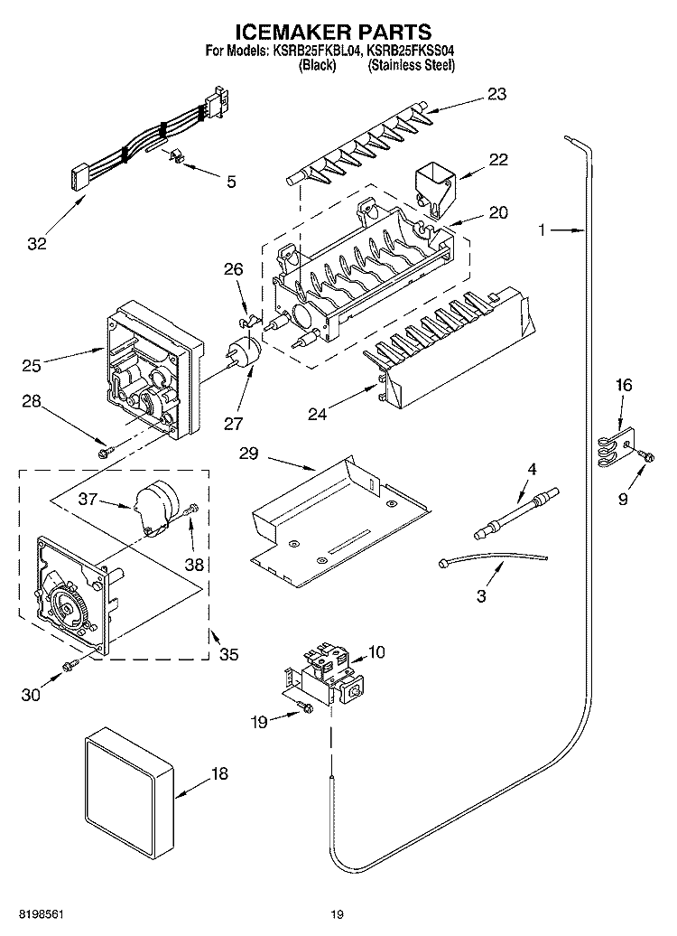 ICEMAKER PARTS, PARTS NOT ILLUSTRATED Diagram and Parts List for KSRB25FKBL04  KitchenAid Refrigerator