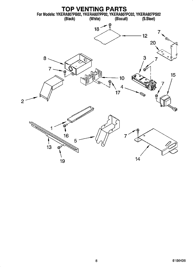 TOP VENTING PARTS, OPTIONAL PARTS Diagram and Parts List for YKERA807PC02  KitchenAid Range
