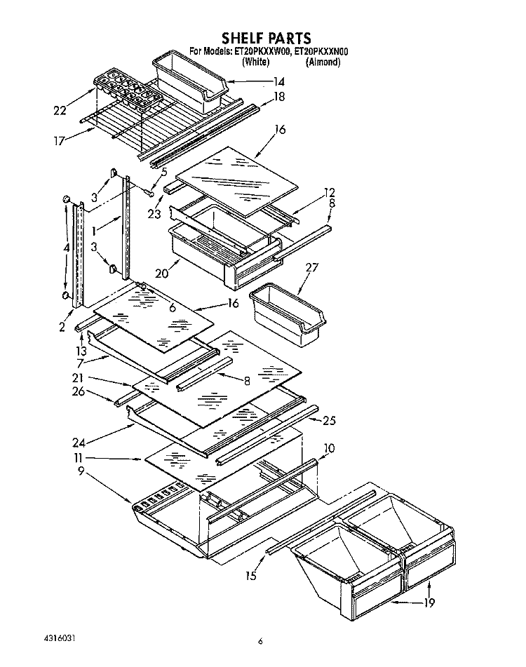 SHELF Diagram and Parts List for ET20PKXXW00  Whirlpool Refrigerator