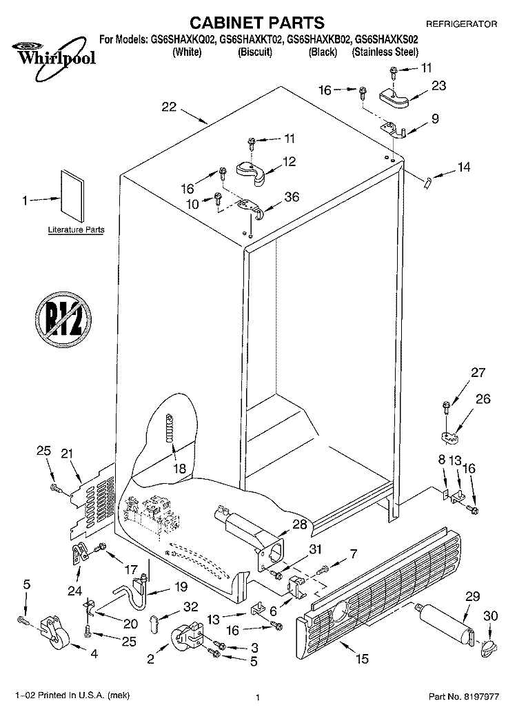 CABINET, LITERATURE, UNIT Diagram and Parts List for GS6SHAXKB02  Whirlpool Refrigerator