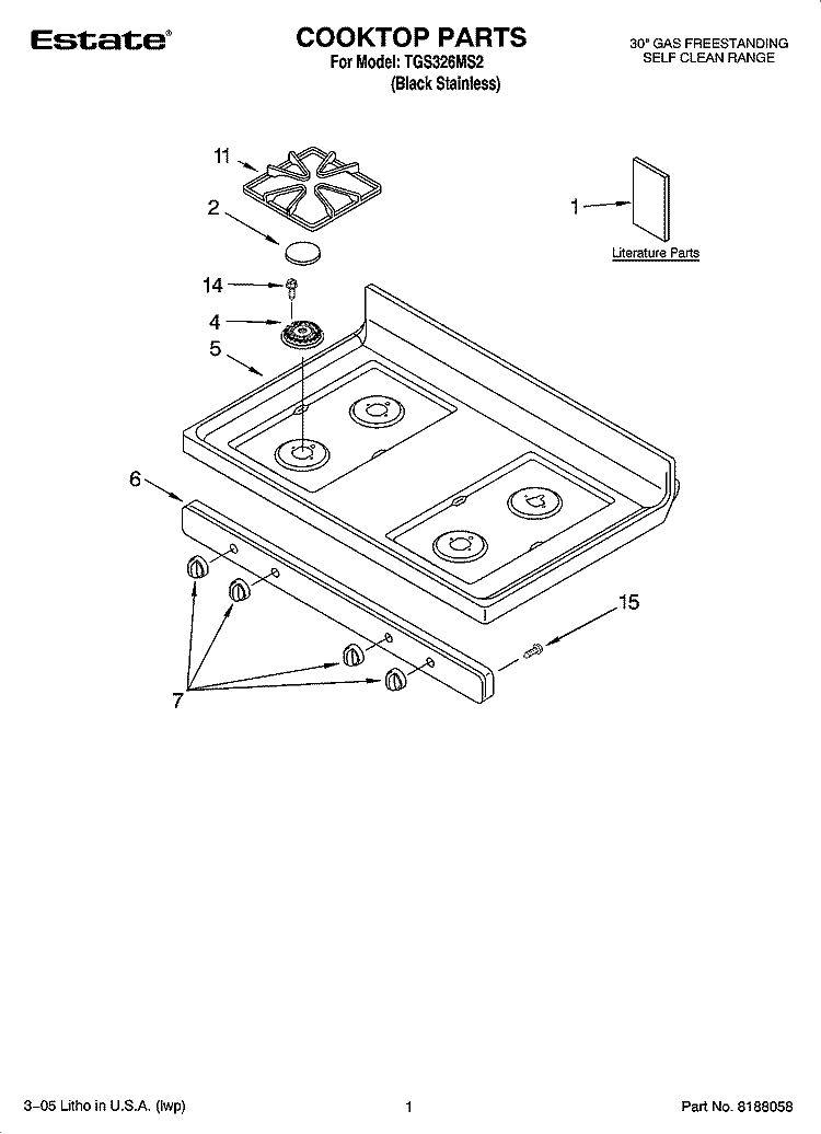 COOKTOP PARTS Diagram and Parts List for TGS326MS2  Estate Range