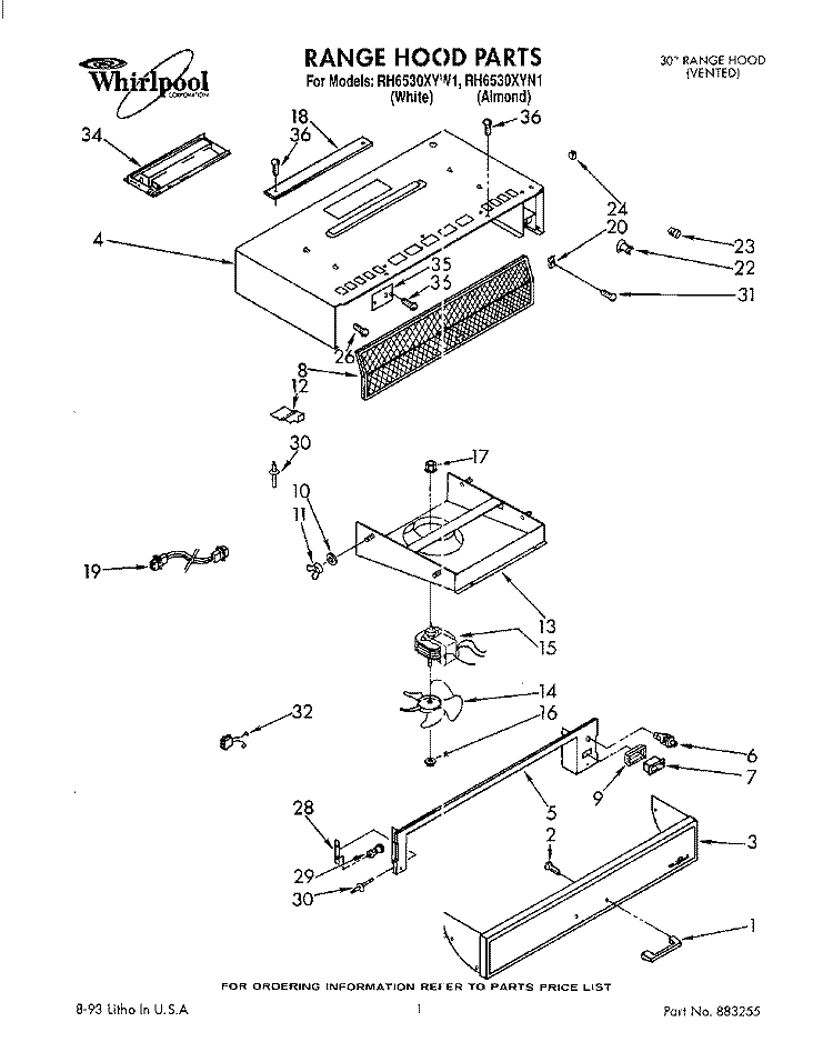 SECTION Diagram and Parts List for RH6530XYW1  Whirlpool Range Hood
