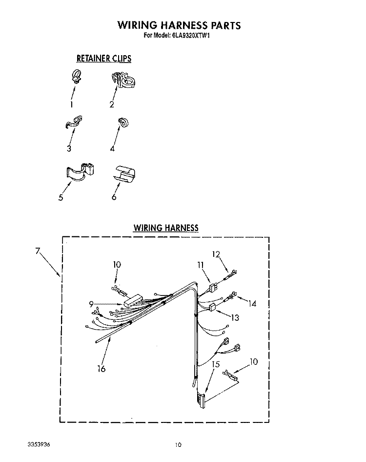 WIRING HARNESS Diagram and Parts List for 6LA9320XTW1  Whirlpool Washer