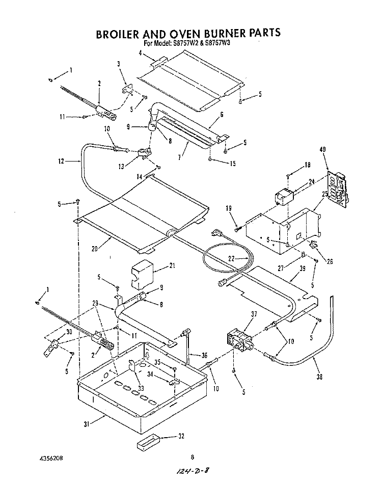BROILER AND OVEN BURNER Diagram and Parts List for S8757^2  Whirlpool Range