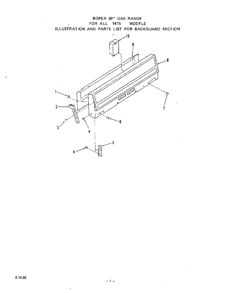 BACKGUARD Diagram and Parts List for 1415W1A  Roper Range