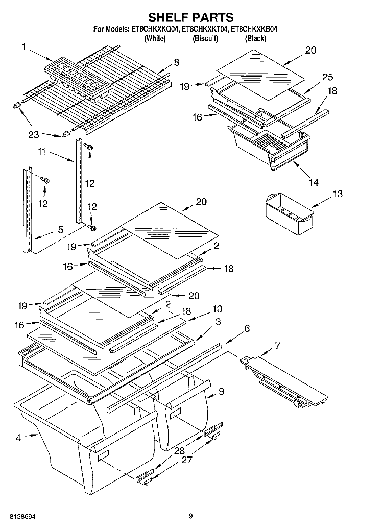 SHELF PARTS, OPTIONAL PARTS Diagram and Parts List for ET8CHKXKT04  Whirlpool Refrigerator