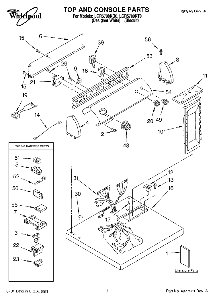 TOP AND CONSOLE, LITERATURE Diagram and Parts List for LGR5700KT0  Whirlpool Dryer