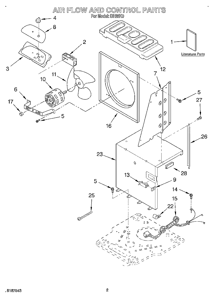 AIR FLOW AND CONTROL, LITERATURE Diagram and Parts List for DH25K0  Whirlpool Dehumidifier
