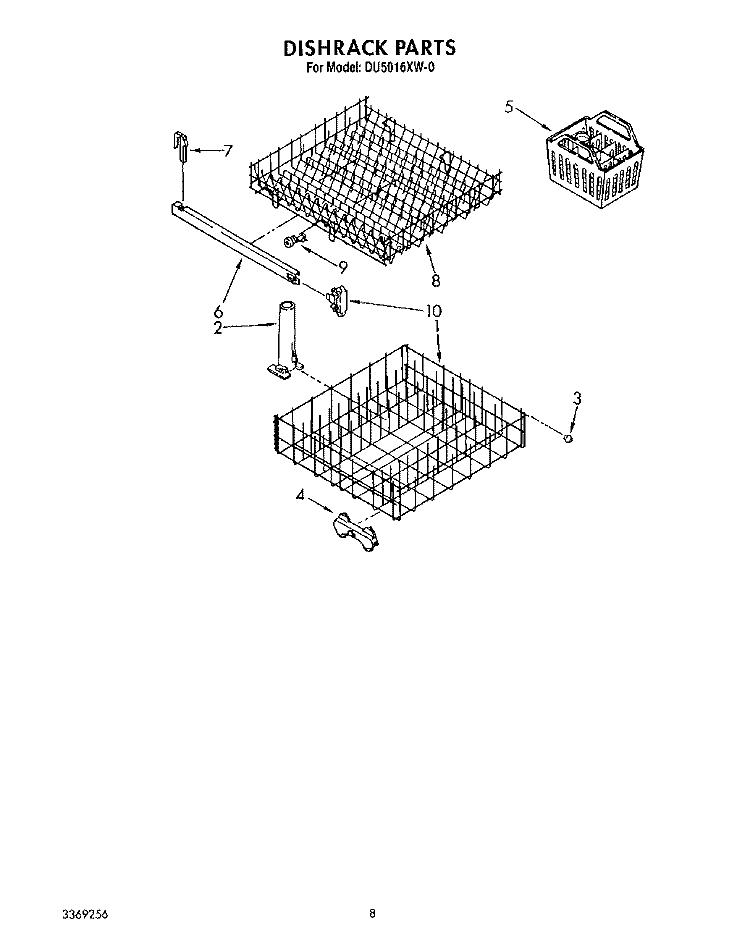 DISHRACK Diagram and Parts List for DU5016XW0  Whirlpool Dishwasher