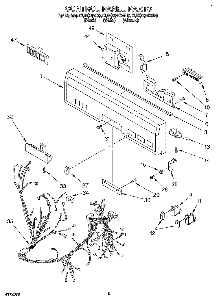 CONTROL PANEL Diagram and Parts List for KUDS230BAL0  KitchenAid Dishwasher