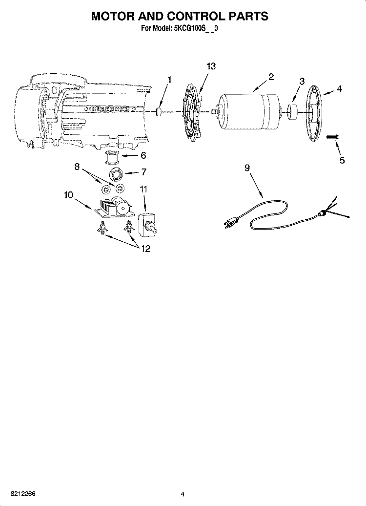 MOTOR AND CONTROL PARTS Diagram and Parts List for 5KCG100SPM0  KitchenAid Coffee Grinder