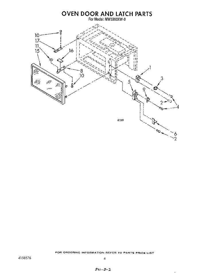 OVEN DOOR AND LATCH Diagram and Parts List for MW3200XW0  Whirlpool Microwave