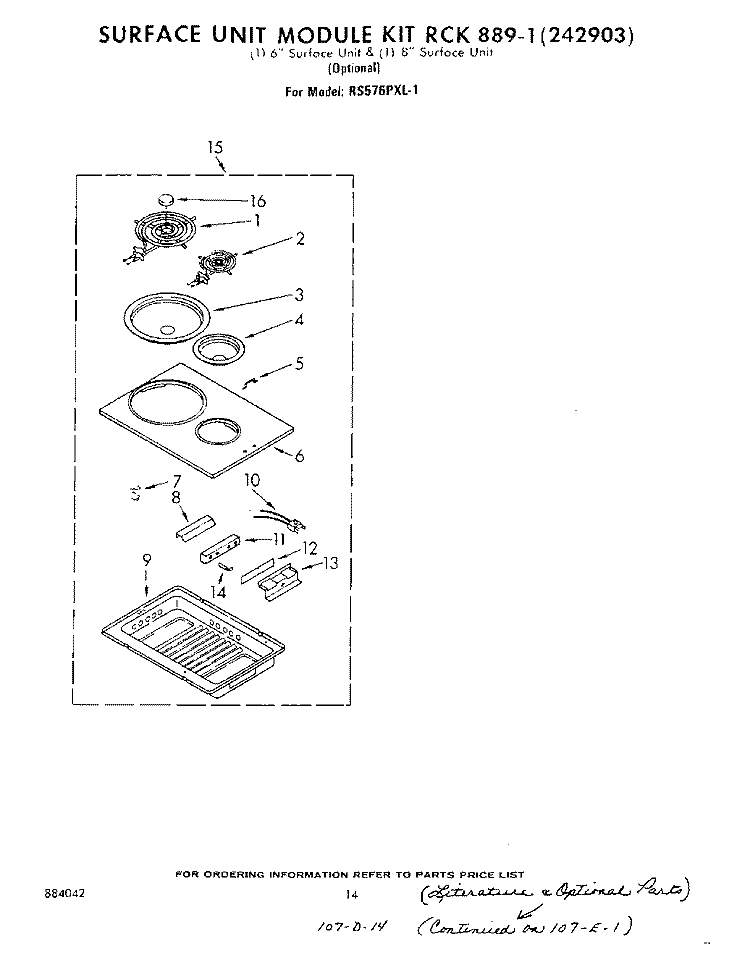 SURFACE UNIT 889-1 (242903) , LITERATURE Diagram and Parts List for RS576PXL1  Whirlpool Range