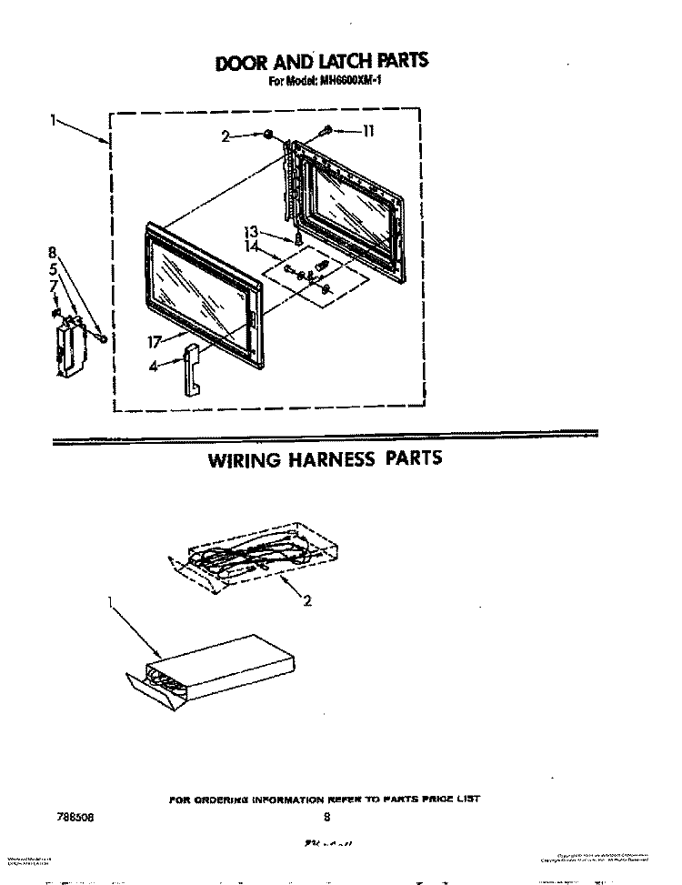 DOOR AND LATCH, WIRING HARNESS Diagram and Parts List for MH6600XM1  Whirlpool Microwave