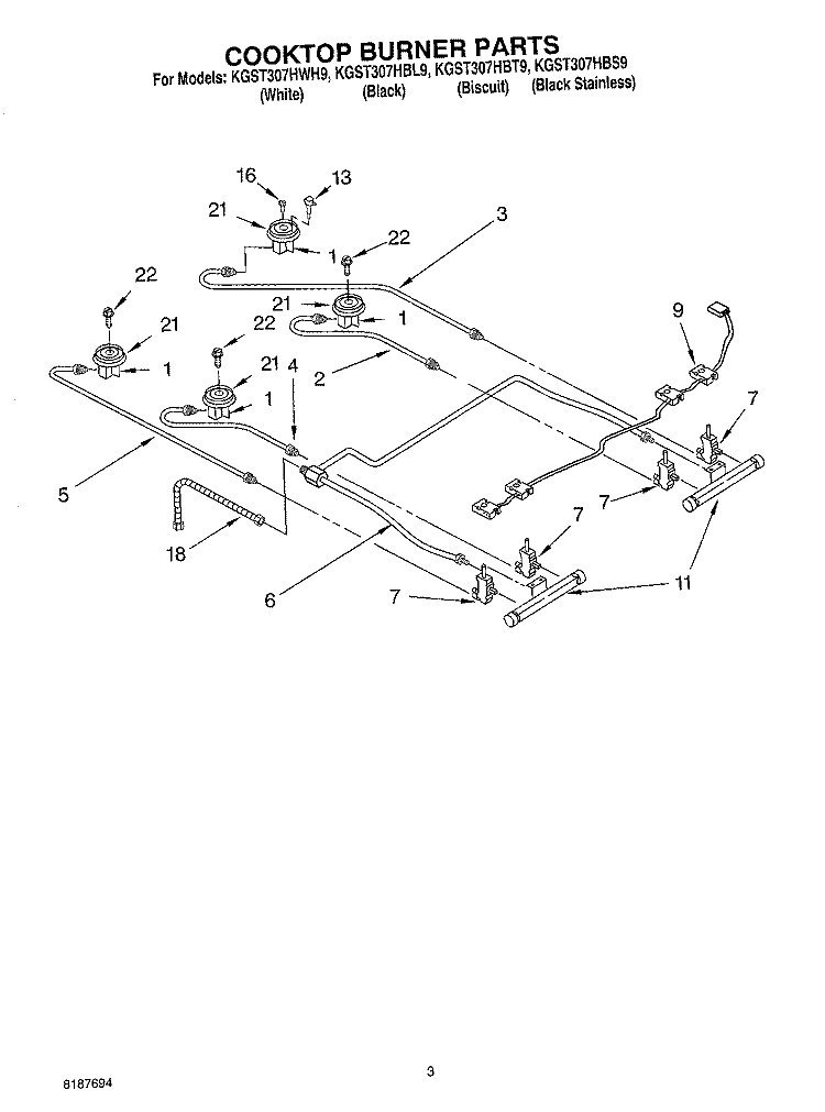 COOKTOP BURNER Diagram and Parts List for KGST307HBT9  KitchenAid Range