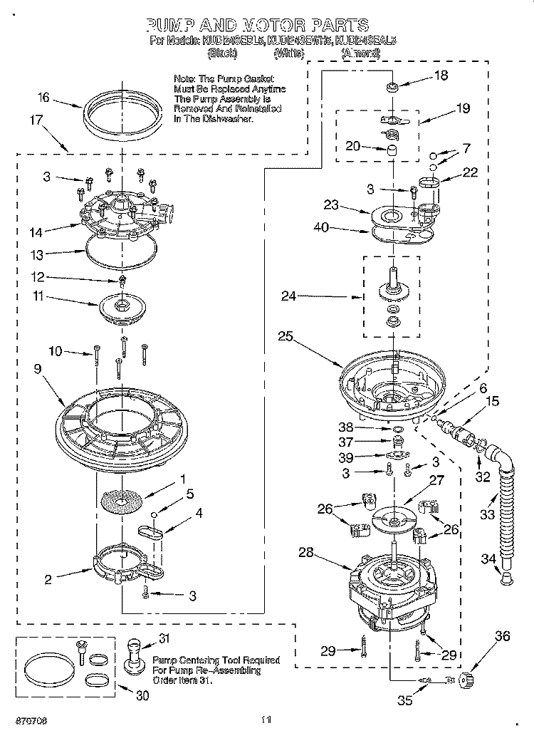 PUMP AND MOTOR Diagram and Parts List for KUDI24SEWH5  KitchenAid Dishwasher