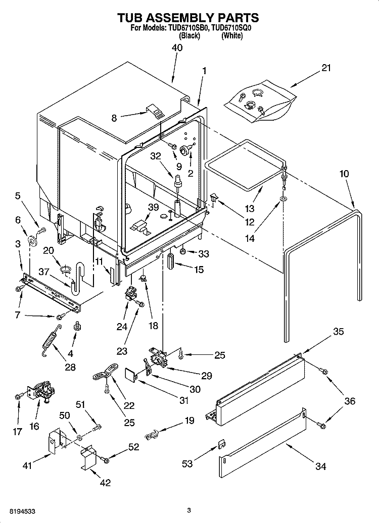 TUB ASSEMBLY PARTS Diagram and Parts List for TUD6710SQ0  Estate Dishwasher